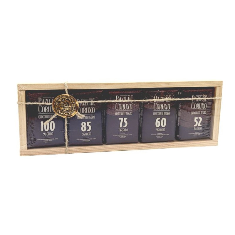 Estuche de madera surtido 5 chocolates negros puros 250g Pazo de Coruxo