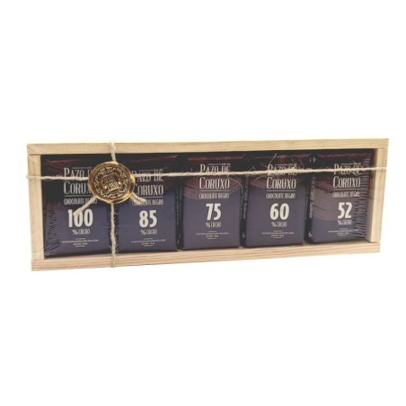 Estuche de madera surtido 5 chocolates negros puros 250g Pazo de Coruxo