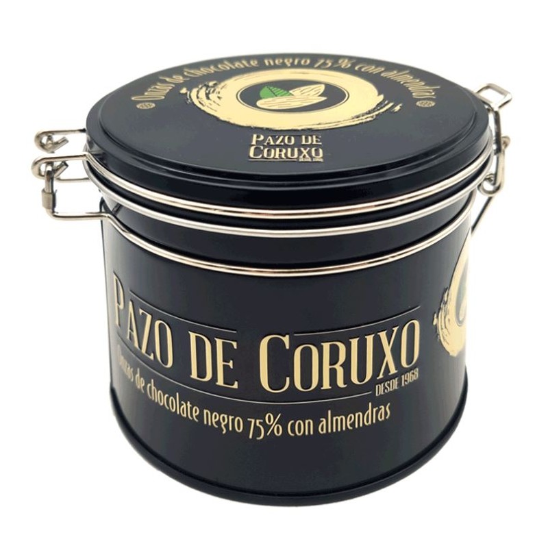 Lata onzas de chocolate 75% con almendras 130g Pazo de Coruxo