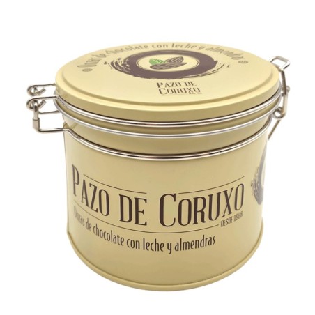 Lata onzas de chocolate con leche y almendras 130g Pazo de Coruxo