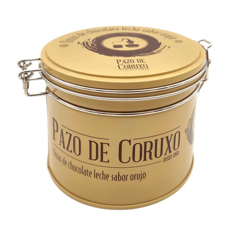 Lata onzas de chocolate con leche sabor orujo 130g Pazo de Coruxo