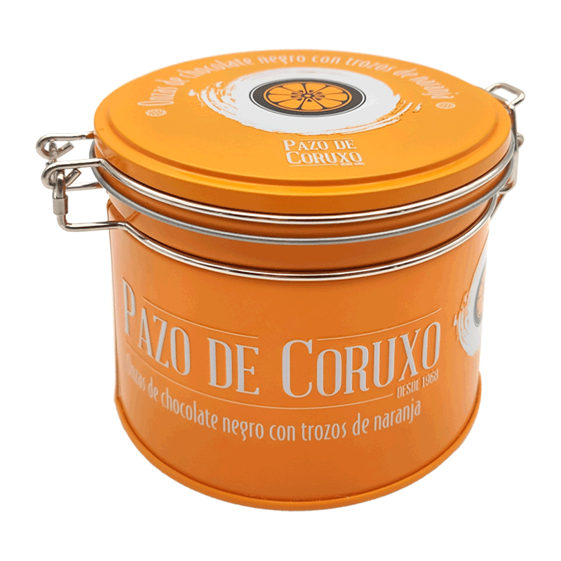 Lata onzas de chocolate negro con trozos de naranja 130g Pazo de Coruxo