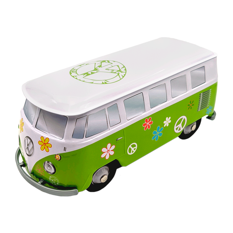 Lata bombones praliné leche`Furgoneta Volkswagen flower power verde´ 150g Chocoday