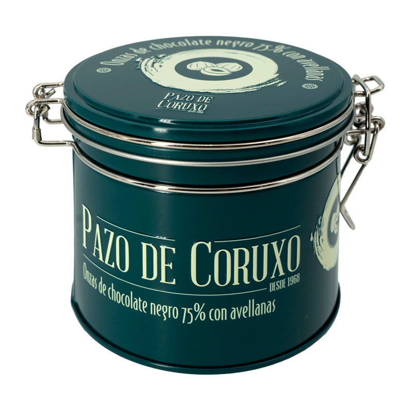 Lata onzas de chocolate negro 75% con avellanas 130g Pazo de Coruxo