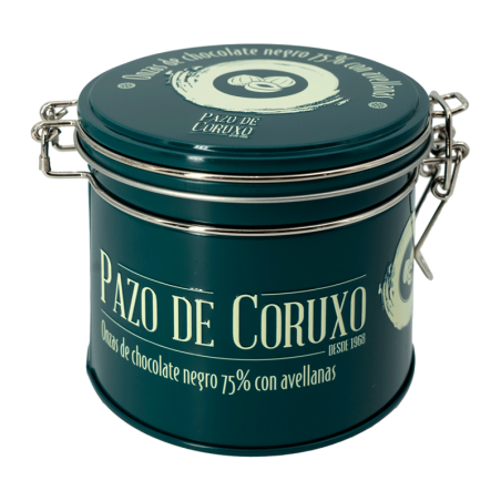 Lata onzas de chocolate negro 75% con avellanas 130g Pazo de Coruxo