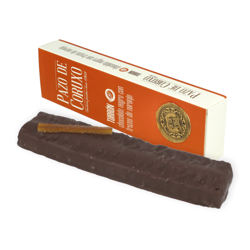 Estuche turrón de chocolate negro con trozos de naranja 160g Pazo de Coruxo